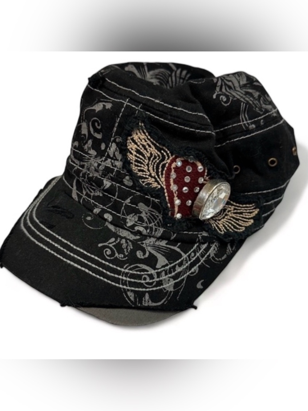 NEW Cowgirl Jewels Distressed Cadet Styled Cap Hat With Swarovski Crystal Ladies